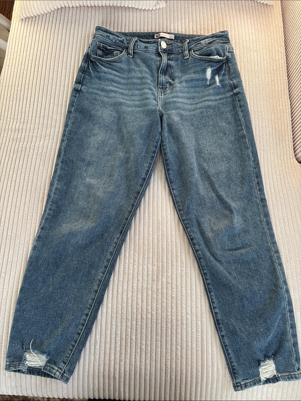SO Women’s Distressed High Rise Mom Jeans in Medium Blue